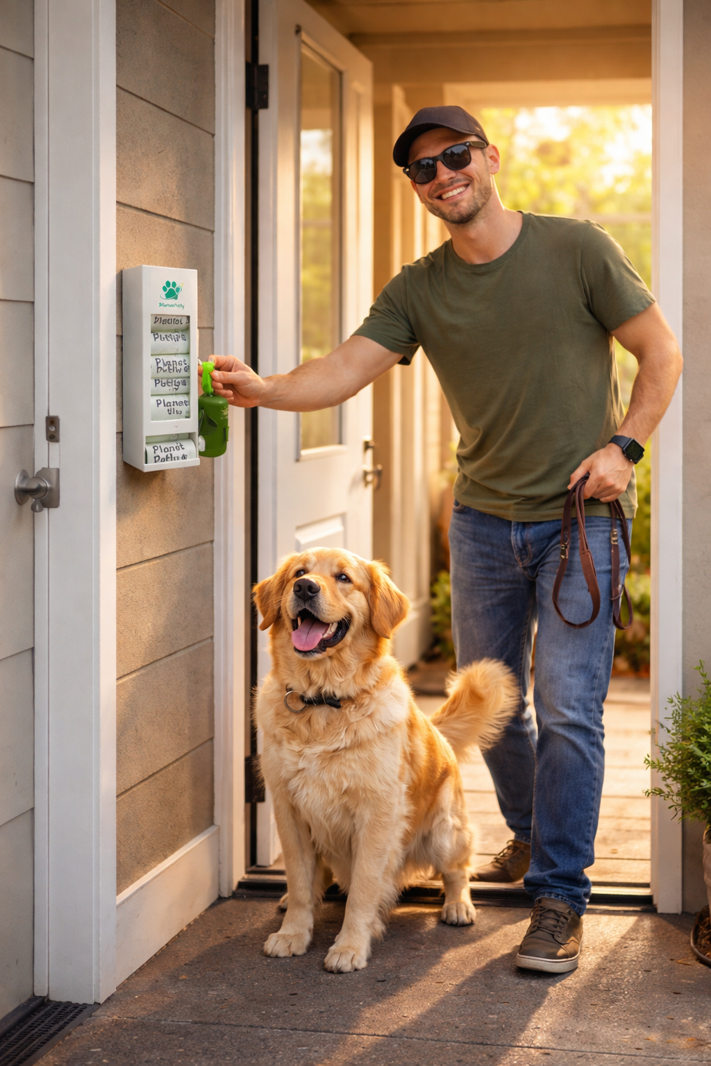 Man with golden retriever using Planet Petly wall-mounted dispenser